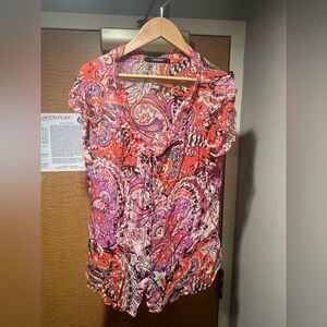 Tahari Pink and Red Ruffled Tie Front Cap Sleeve Blouse 100% Silk L